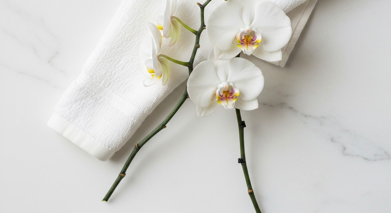White orchid stem and folded soft towel on pale marble surface